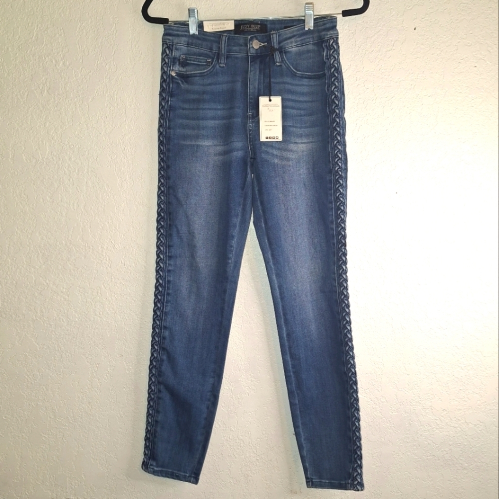 NWT Judy Blue Jeans Womens 5/27 Blue Dark Wash Relaxed High Rise Skinny Braided